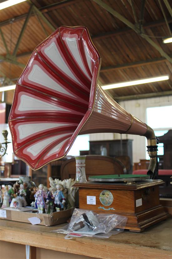 Pathé disc phonograph with pink horn